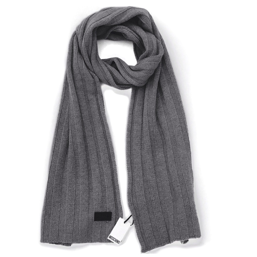 Gray, MOSCHINO Wool with Leather Logo Scarf